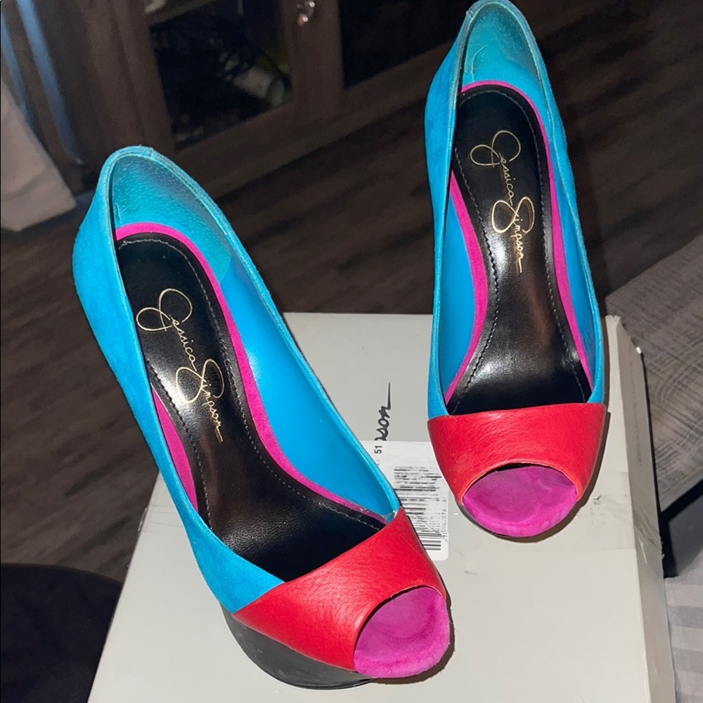 Jessica Simpson Blue and Red Peep Toe Heels